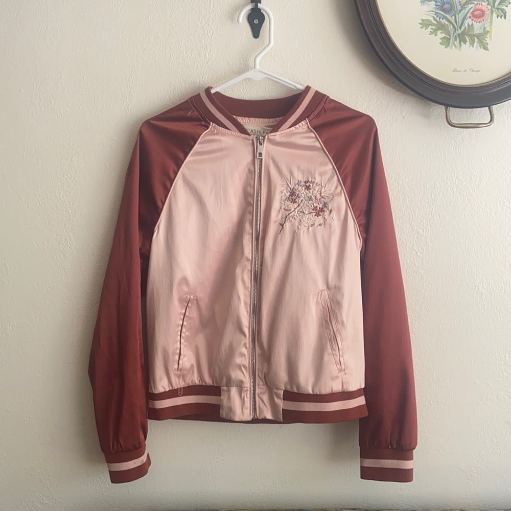 Floral-Stitched Bomber Jacket